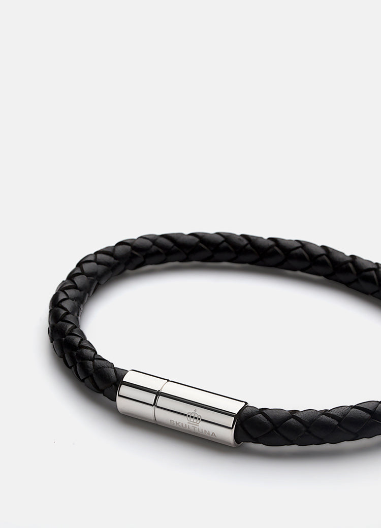 Leather Bracelet 6 mm. Steel/Black - Medium