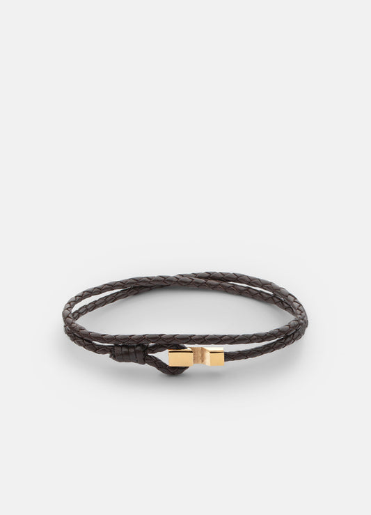 Hook Leather Bracelet Thin Gold Plated - Dark Brown